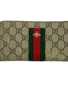 GUCCI Webbing GG Supreme Canvas Zip Around Wallet 408831 Beige Dark Brown Multi